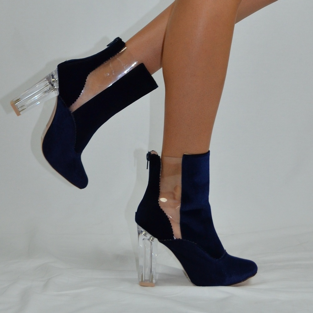 CHASE & CHLOE CHUNKY CLEAR HEEL VELVET BOOTS - Picture 2 of 5